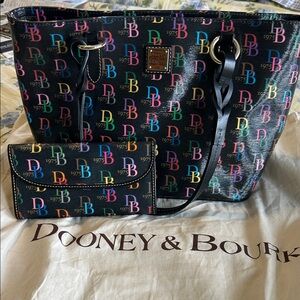 Dooney & Bourke Black Multicolor Logo Tote and wallet and dust  bag